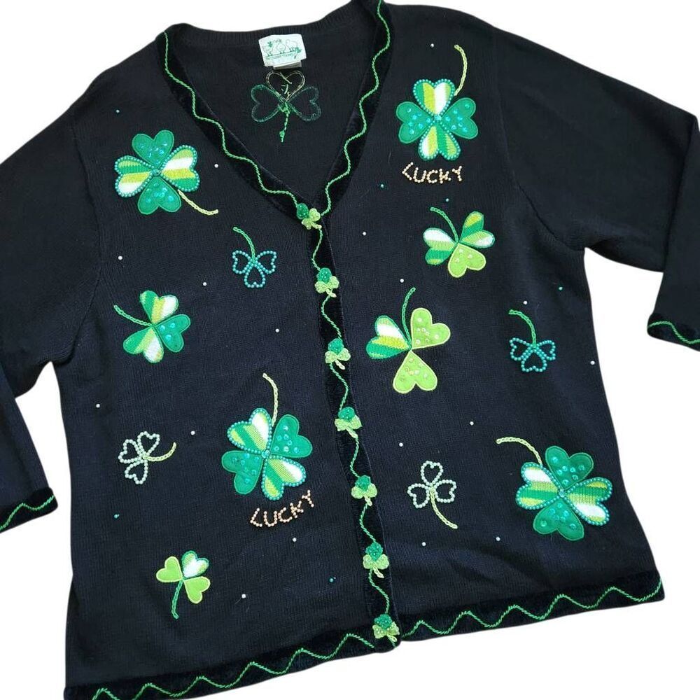 Vintage Quacker Factory Sweater Cardigan 2XL Plus Shamrock St Patricks Day Irish